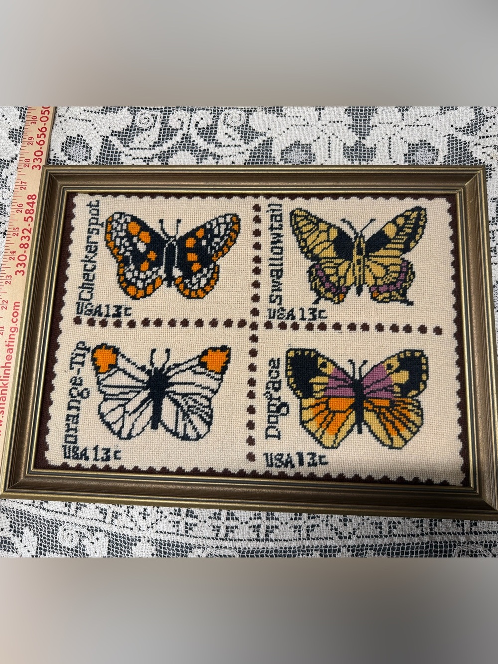 Framed Butterfly Cross-Stitch Wall Art - mcm Black, Orange, Yellow, cottage